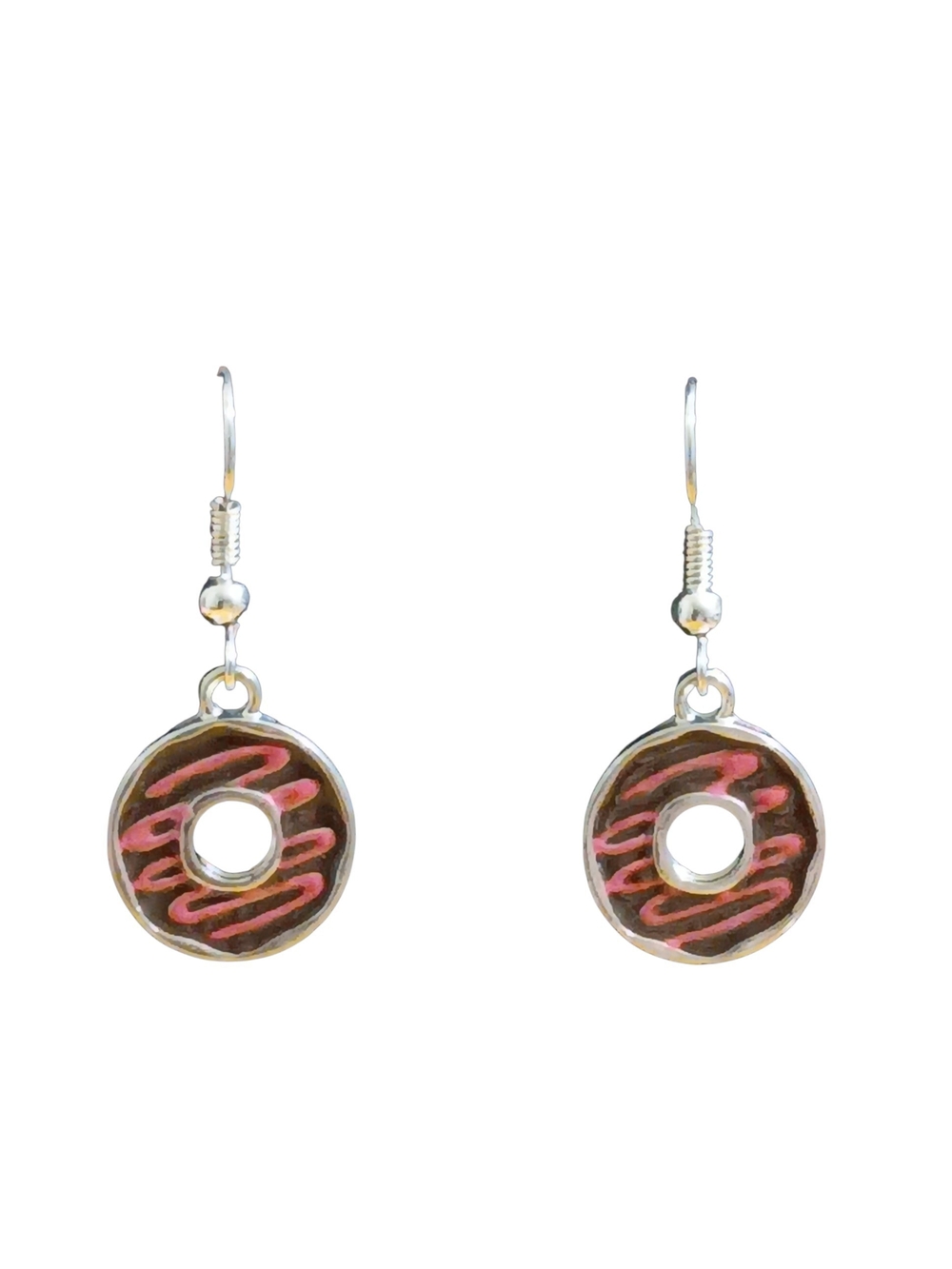 Handmade Chocolate Frosted Donut with Pink Drizzle Dangle/Drop Earrings. Foodie